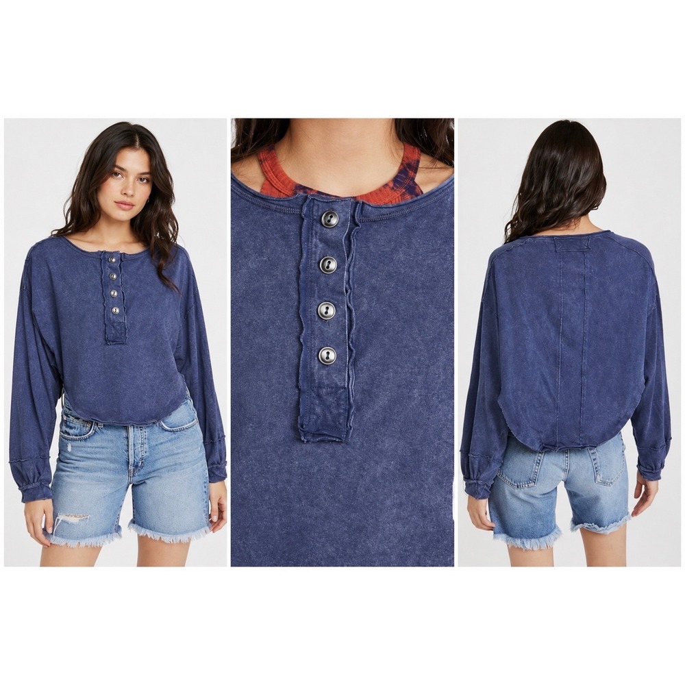 Free People Melodi Henley Top Sz XS Blue Quarry Oversized Boho Coastal Casual